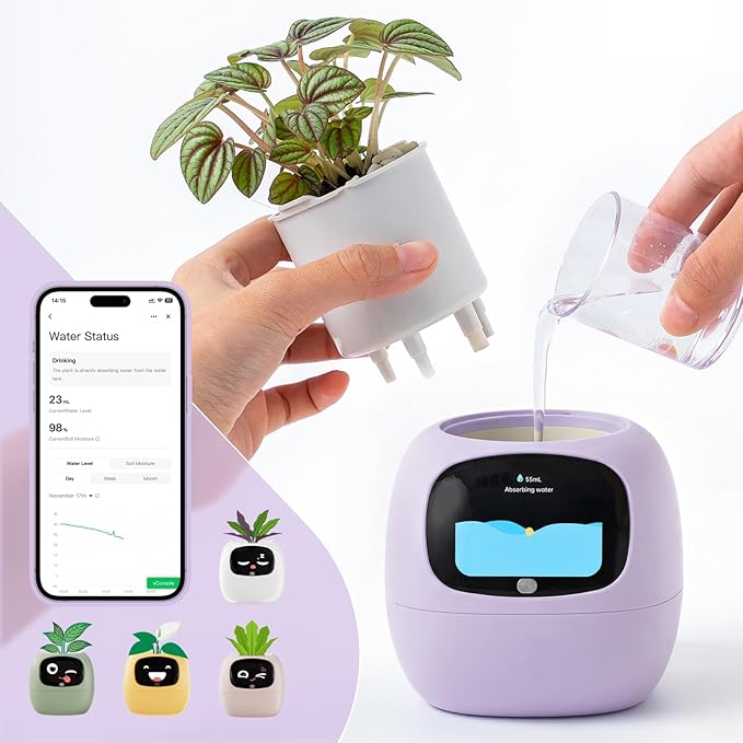 Plantsio AI Smart Pot for Plants with App Control, Self-Watering, Visual Display & 80ml Reservoir, Digital Plant Pot Supports 100+ Plants, Pomodoro Timer, Clock & Calendar,Desk & Office Planter-Purple