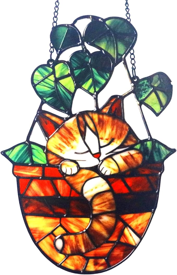 Acrylic Hanging Cat in Flowerpot for Window Doors Home Decoration，Sun Catchers for Windows Hanging，Valentine's Day Mother's Day Birthday Gifts (TYU737)