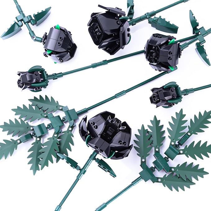 SIENON Black Rose Bouquet Building Set-10pcs Black Roses & 2pcs Leaves Botanical Collection, Artificial Flowers for Gothic Home Halloween Décor Women Gothy Teens (No Vase)