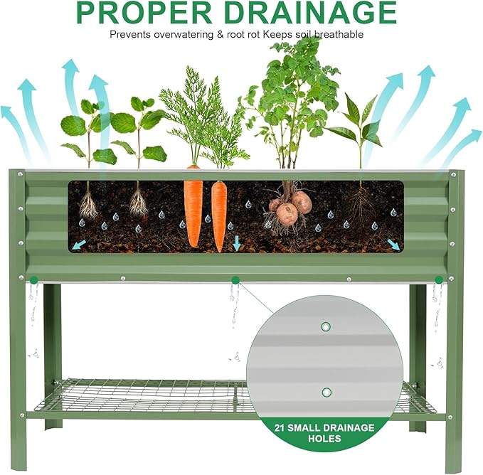 Elevated Raised Garden Bed with Legs, 48x24x32in Galvanized Planter Box Outdoor with Storage Rack & Drainage Holes, Large Metal Raised Beds for Gardening, Backyard, Patio, Balcony, Olive Green