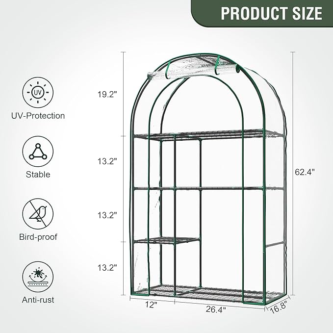Mini Greenhouse for Outdoors, Portable Small Greenhouse 4-Tiers for Indoor, 38"x17"x62" Green House with PVC Cover