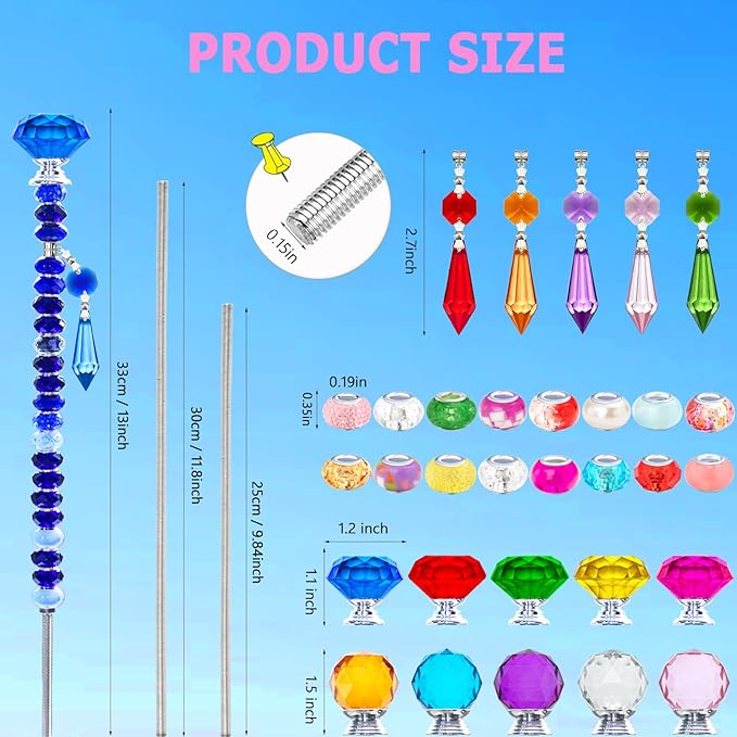 Exway 247 PCS DIY Fairy Wand Beaded Garden Stake Kits with Assortment Large Hole Beads 10 Crystal Stopper Top Threaded Rods and Sparkling Crystal Pendants for Outdoor Indoor Decor