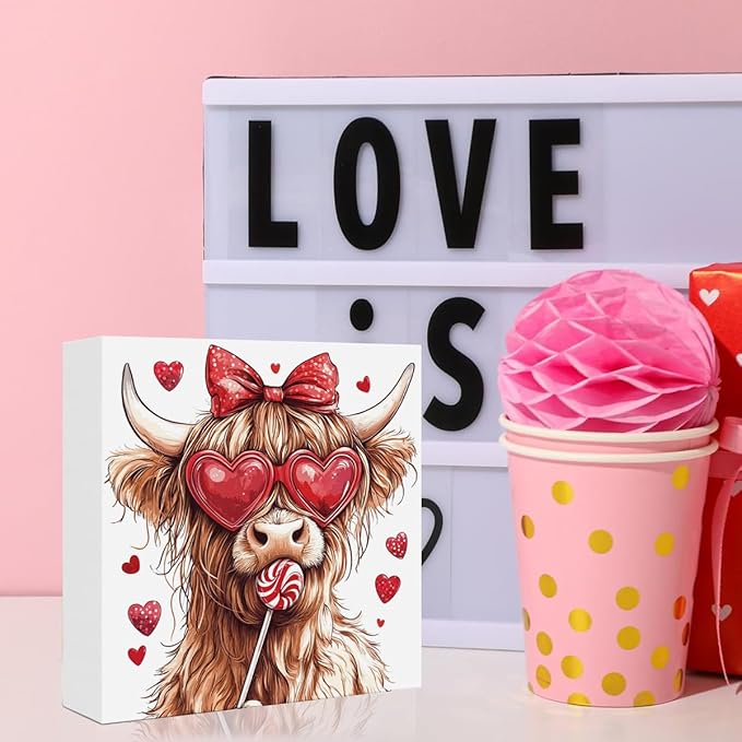 Valentines Day Decorations, Valentines Day Gifts for Her Him, Gift for Boyfriend Girlfriend, Vintage Heart Bow Highland Cow Anniversary Wooden Box Sign Husband Wife Home Office Bedroom Desk Decor