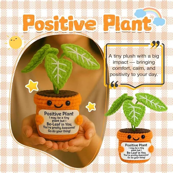 TKGIFTHOT Crochet Positive Plant Inspirational Gifts for Women Coworker Plant Lovers Friends Home Office Gifts Desk Decor Handmade Knit Potted Bookshelf Decorations