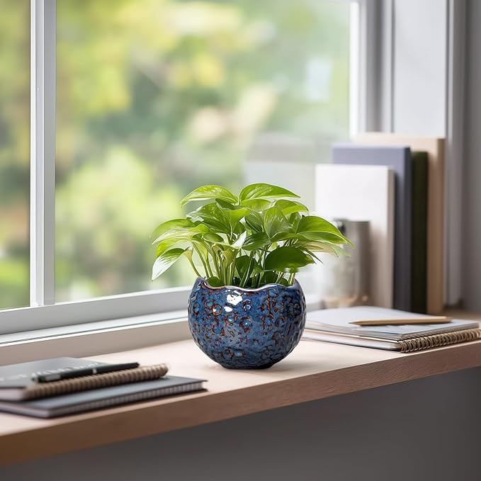 Thirtypot Ceramic Pots for Plants - 4 inch Plant Pots for Indoor Outdoor, Small Planter with Drainage Hole, Unique Flower Pot, Decorative Modern Round Planter, Office Decor, Home Gifts, Retro Blue