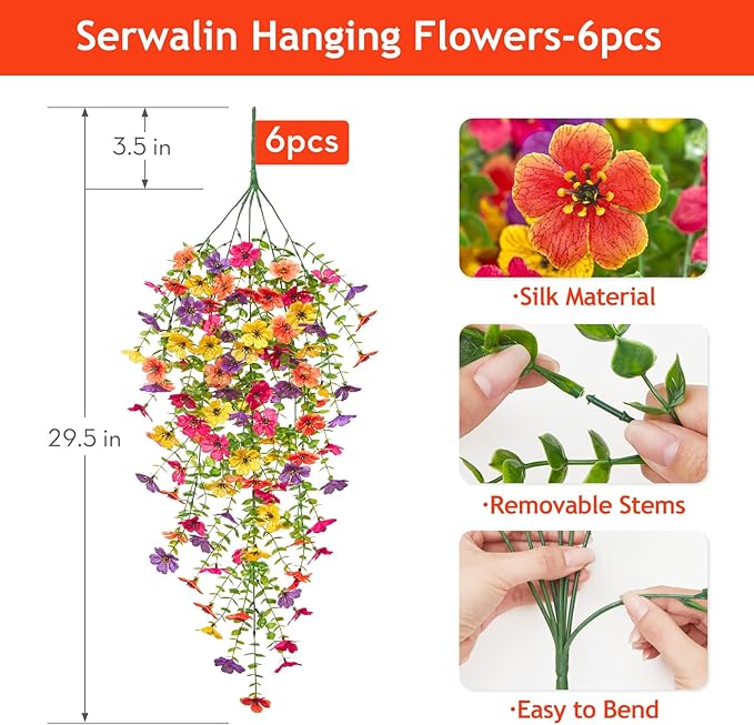 Serwalin 6PCS Artificial Fall Flowers for Outdoors Decoration, Realistic Silk Artificial Fall Hanging Flowers for Patio, Garden, Porch, Window, Outside (Yellow, Hot Pink, Purple &Orange,6PCS)