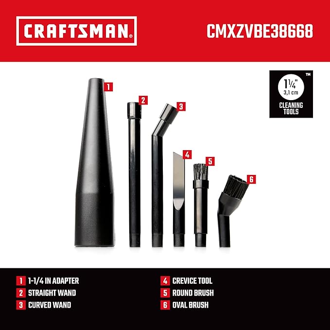 CRAFTSMAN CMXZVBE38668 1-1/4 in. 6-Piece Micro-Cleaning Wet Dry Vac Attachment Kit, Industrial-Grade Shop Vacuum Accessories for Intricate and Detail Cleaning, Fits 1-1/4 in. Hose Diameter