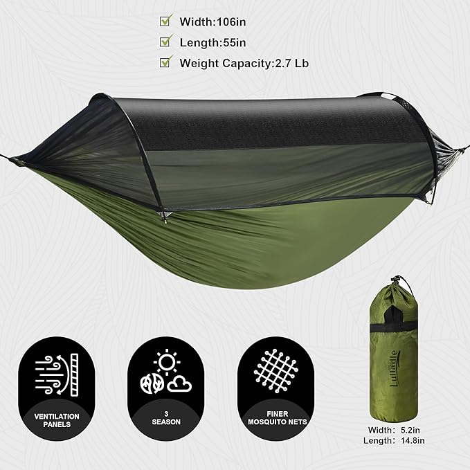 Lulladle Camping Hammock - Double and Single Hammock Portable with Tree Straps and with Mosquito Net，Nylon Hanging Hammock Easy Setup and Pack for Outdoor, Indoor, Hiking and Backyard