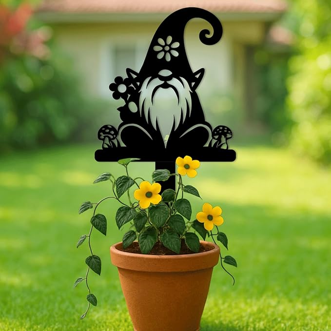 Magilab Personalized Iron Yard Stake - Christmas Cute Gnome Dwarves Decor, 8-Inch Black Metal Garden Sign for Outdoor (Style L)