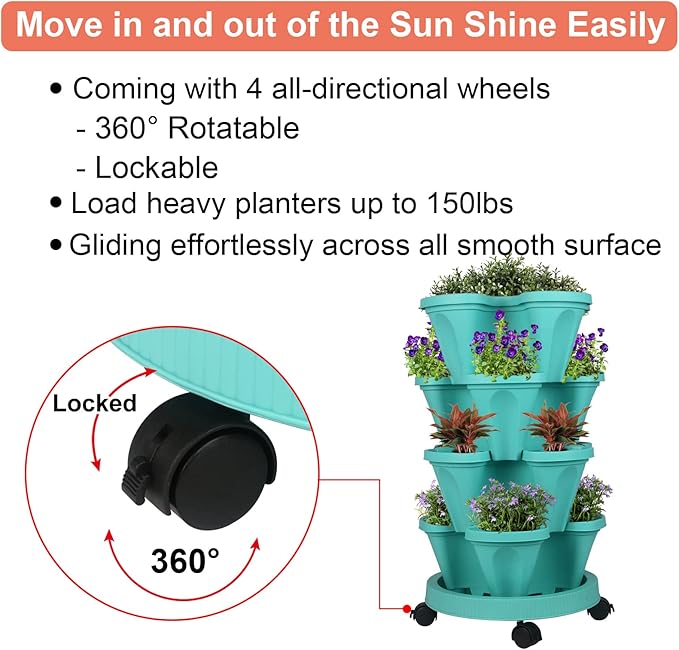 GameXcel Vertical Planter 4 Tier Stackable Planters Garden Planters Strawberry Herb Flower and Vegetable Planter Indoor Outdoor Gardening Pots with Removable Wheels and Tools