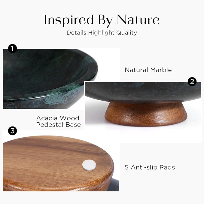 SAMAH Green Marble Fruit Bowl with Acacia Wood Pedestal, Large Decorative Footed Bowl, Natural Stone Centerpiece for Kitchen Counter, Entryway, Keys, Dining Table, House Warming Gifts New Home(11Inch)