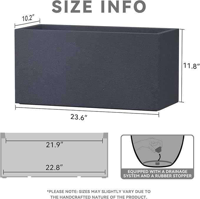Kante 23.6" L Rectangular Concrete Planters, Outdoor Indoor Modern Plant Pot with Drainage Hole and Rubber Plug for Garden, Patio, Charcoal Finish
