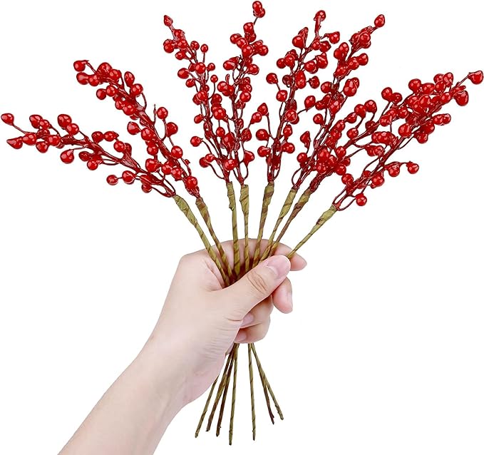 24 Pack Artificial Red Berry Stems Holly for Christmas Tree Decorations for Crafts, Holiday and Home Decor