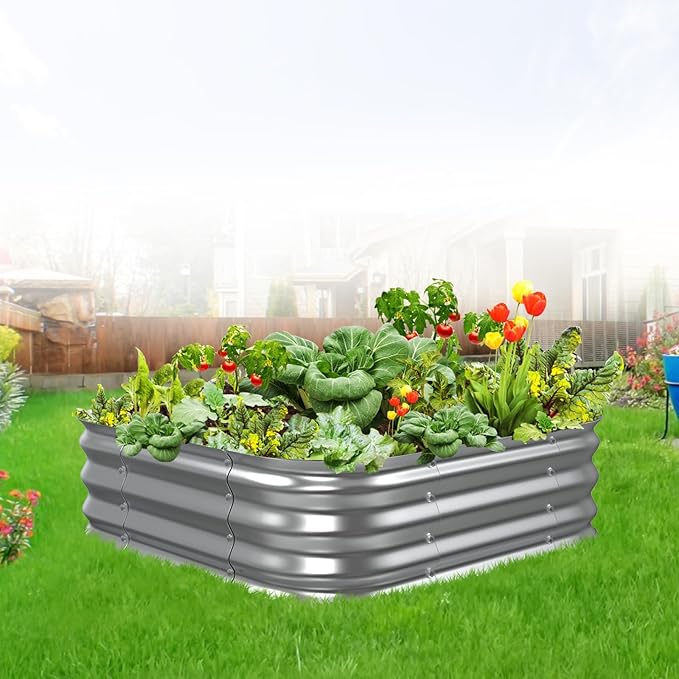 Galvanized Raised Garden Bed, 3x3x1ft Garden Planter Bed Outdoor, Heavy Duty Rustproof Steel Raised Bed Kit for Gardening Vegetables Fruits Flowers Grow, Silver