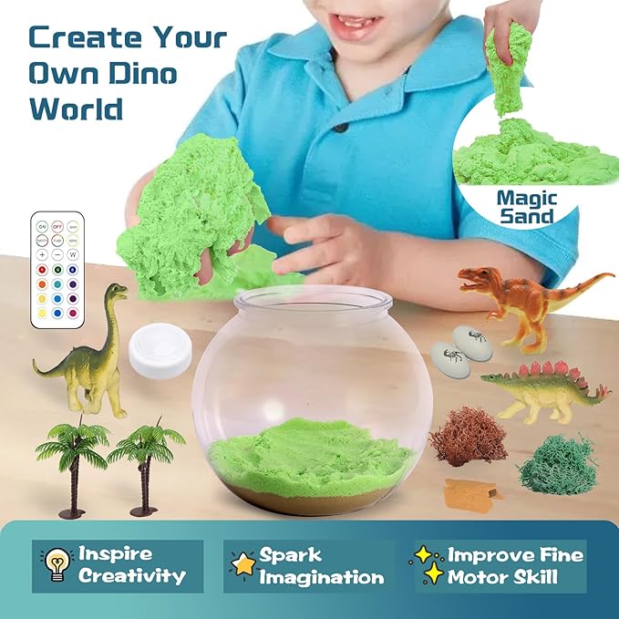 kiddgroo Dinosaur Light-Up Terrarium Kit for Kids- Birthday Gifts for Boys Ages 4 5 6 7 8-12 Year Old- Dinosaur Toys for Boys with Multicolor LED Light & Remote