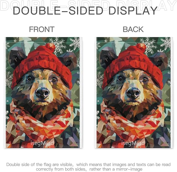 Bear with Red Scarf and Hat Snowflake Christmas Garden Flag, 28x40 Inch Double Sided Linen Holiday Red Winter Farmhouse Yard Outdoor Decoration (4322)