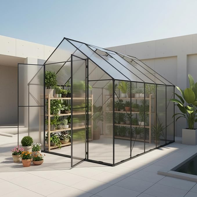 6×12 FT Walk-in Greenhouse Polycarbonate Greenhouse for Outdoors, Heavy Duty Backyard Garden Greenhouse with Aluminum Frame, Clear Panels, Adjustable Roof Vent, Rain Gutter System, Patio