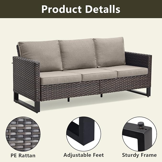 Rilyson Wicker Outdoor Couch Patio Sofa - 3 Seater Rattan Outdoor Patio Couch with Waterproof Wicker,Comfortable Cushions and Sturdy Metal Frame for Outside Porch Deck Backyard(Brown/Grey)