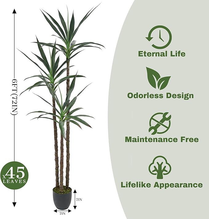 Artificial Tree 6ft Faux Agave Plant with 45 Leaves and 3 Realistic Trunks,Fake Floor Potted Artificial Tall Plants for Home Office Garden Decor Indoor (6Feet,1Pack)