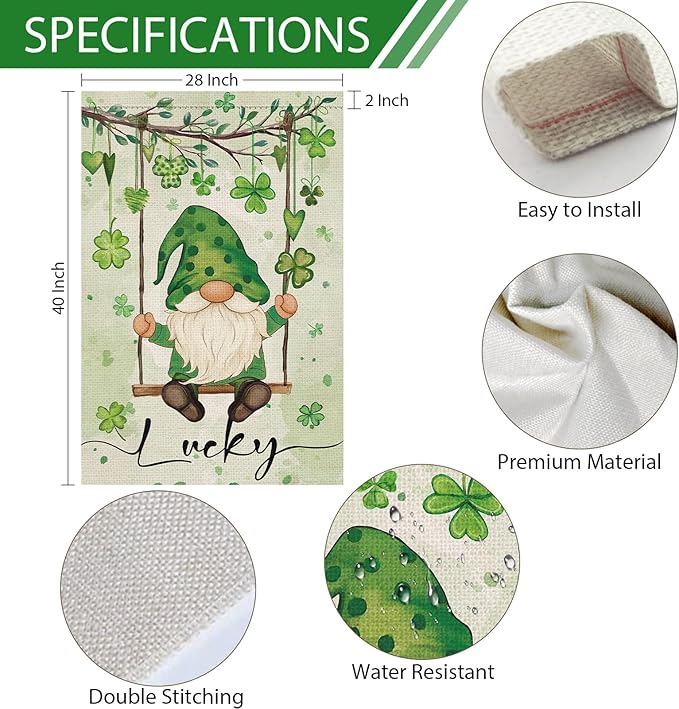 Heyfibro Lucky St. Patrick's Day Garden Flag 28x40 Double Sided Burlap, Gnome with Shamrocks Hanging Swing Yard Banner for Spring Seasonal Irish Holiday Farmhouse Outdoor Decor(ONLY FLAG)