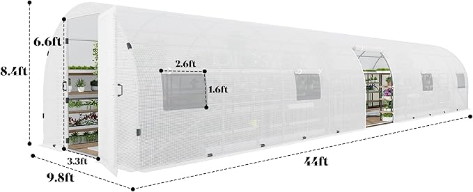 AMERLIFE 44x10x7.5 FT Tunnel Greenhouse for Outdoors, Large Walk-in Greenhouse kit with Reinforced Steel Frame, Swing Door & Premium PE Cover, White