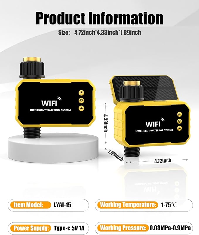 WiFi Sprinkler Timer with Brass Inlet, Smart Solar WiFi Water Timer for Garden Hose No Need Hub, Rain Delay/Auto/Manual Override, Alexa/Google Assistant Compatible, APP Remote Control via 2.4Ghz WiFi