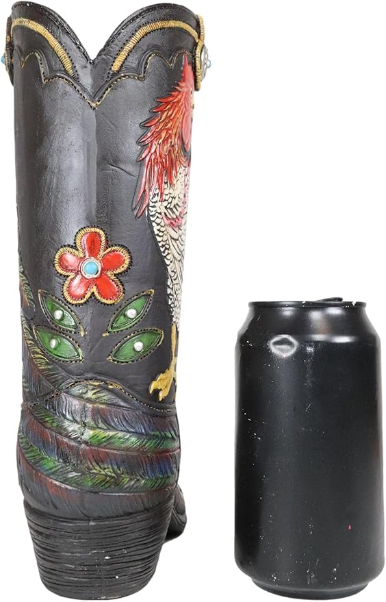 Ebros Gift Rustic Western Country White Breasted Rooster with Colorful Tail Feathers Faux Tooled Leather Cowgirl Or Cowboy Boot Decorative Flower Bouquet Vase Or Planter Figurine 10" H