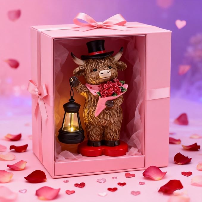 TERESA'S COLLECTIONS 8" Charming Highland Cow Garden Statue with Solar Lantern, Valentine's Day Resin Figurine Holding Roses and Wearing Top Hat, Weatherproof Outdoor Decor for Path Yard Porch
