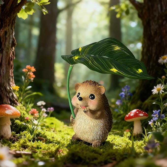 Solar Hedgehog with Light-Up Umbrella, 5.12" Garden Statue Outdoor Decor for Patio, Yard, Lawn - Gardening Gifts for Christmas, Mother's Day