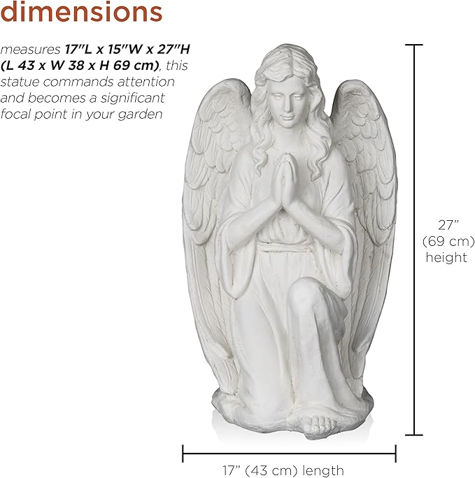Alpine Corporation 27" Tall Indoor/Outdoor Kneel Praying Angel Statue, Tabletop Garden Decor, White