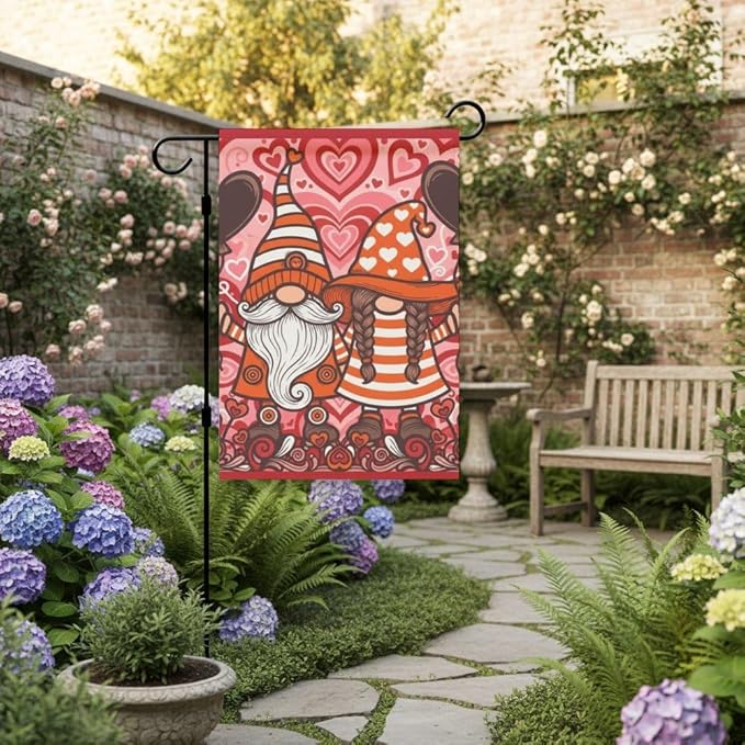 Valentines Garden Flag 12X18 Inch Linen Cute Gnome Flags Banners for Home Outdoor Decor Yard Patio Lawn Decorations Yard Flags Happy Valentine's Day Banner Garden Outside Linen