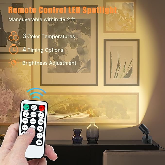LED Spotlights Indoor, 5W Plants Uplighting with Remote Control Dimmable & Timer, Uplights Indoor Floor Spot Lights for Painting, Picture, Artwork, Accent Stick on Wall Light with 5.9 FT Plug Cord