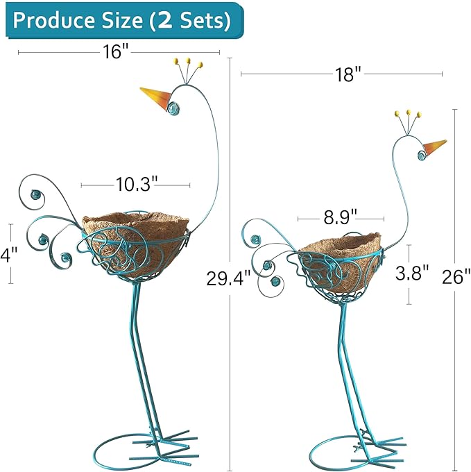 J-Fly Peacock Metal Plant Stand 2 Sets Flower Pots Holders, Planters for Outdoor Indoor Plants with Coconut Pots, Front Porch Garden Balcony Patio Decor for Plant, Valentine Decoration Gifts