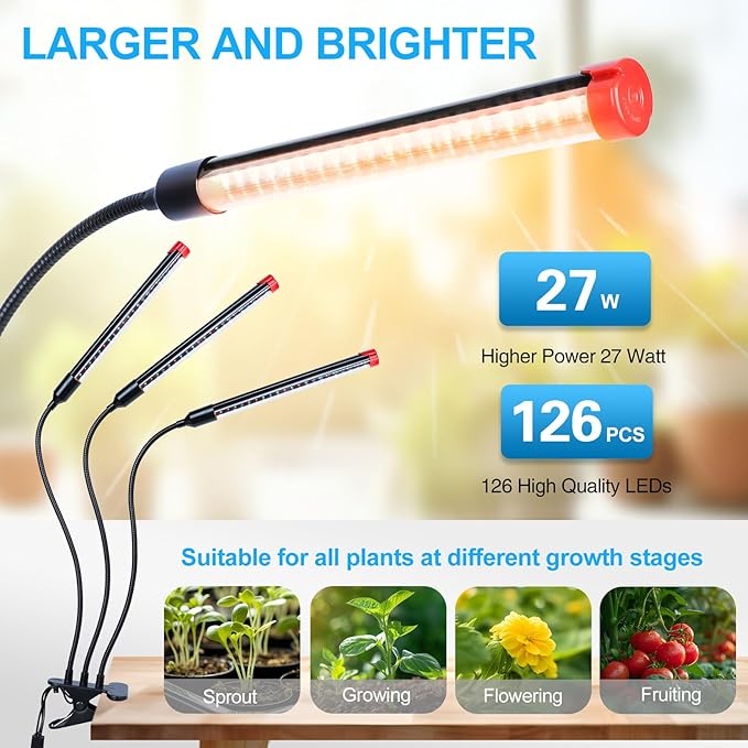 Orchbloom Clip Grow Light for Seed Starting with Timer, 27W Grow Lights for Indoor Plants Full Spectrum, 2025 Brightest LED Plant Grow Light for Houseplants, Bonsai, Pot Plants, Seedlings