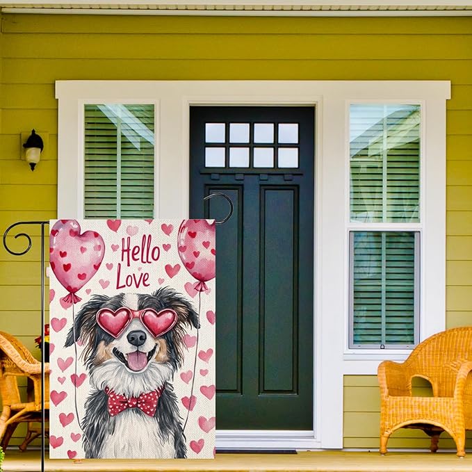 Valentine's Day Australian-Shepherd Hello Love Garden Flag, House Yard Plaid Love Heart Outside Decoration, Spring Holiday Wedding Anniversary Outdoor Small Decor 12x18(12651)