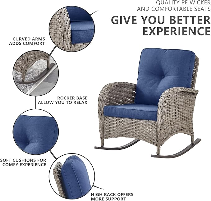 Belord 5 Piece Outdoor Conversation Patio Furniture Set - All-Weather Wicker Patio Rocking Chairs with Loveseat Glider Chair and Coffee Table for Patio Deck Porch Backyard Gray Wicker Blue Cushion
