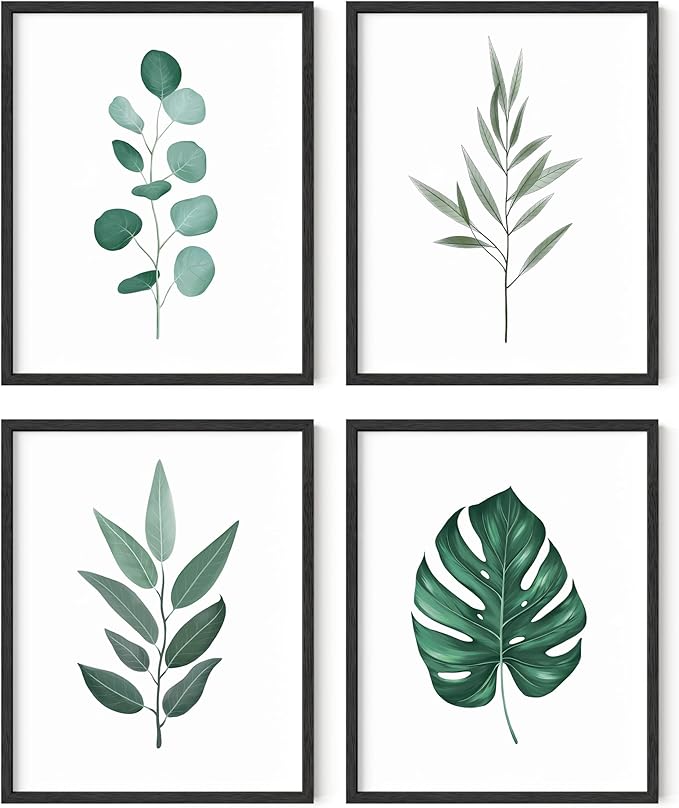 HAUS AND HUES Plant Wall Art - Botanical Prints Wall Art, Green Wall Art Collection Set Plant Pictures Wall Art, Leaves Paintings Minimalist Sage Green Wall Decor (Black Frame, 16x20)