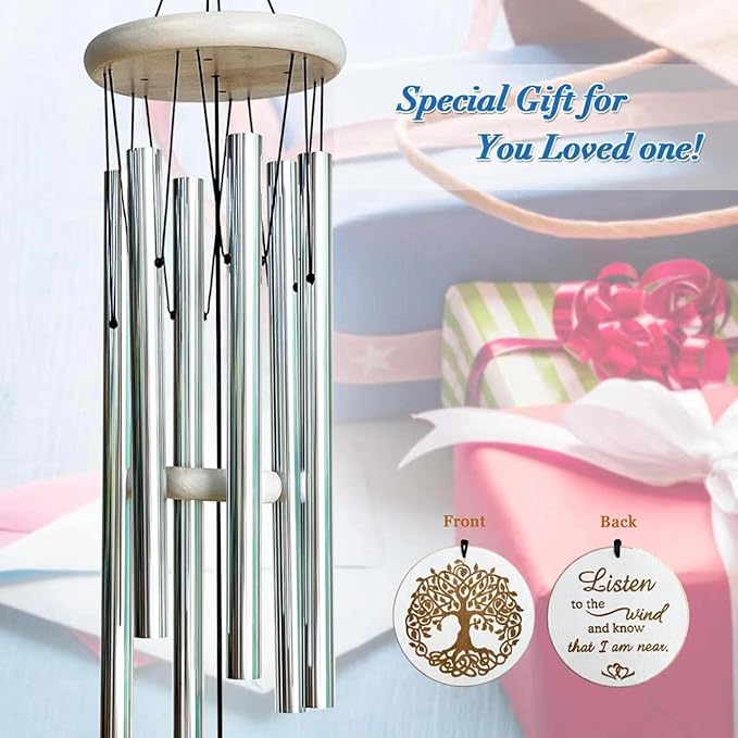 Aoedelyart Wind Chimes Outdoors,33" WindChimes for Loss of Loved One,Memorial/Sympathy Gifts for Mother/Unisex/Father,Tree of Life Wind Chimes for Outside Zen Garden Home Yard Decoration (Silver)