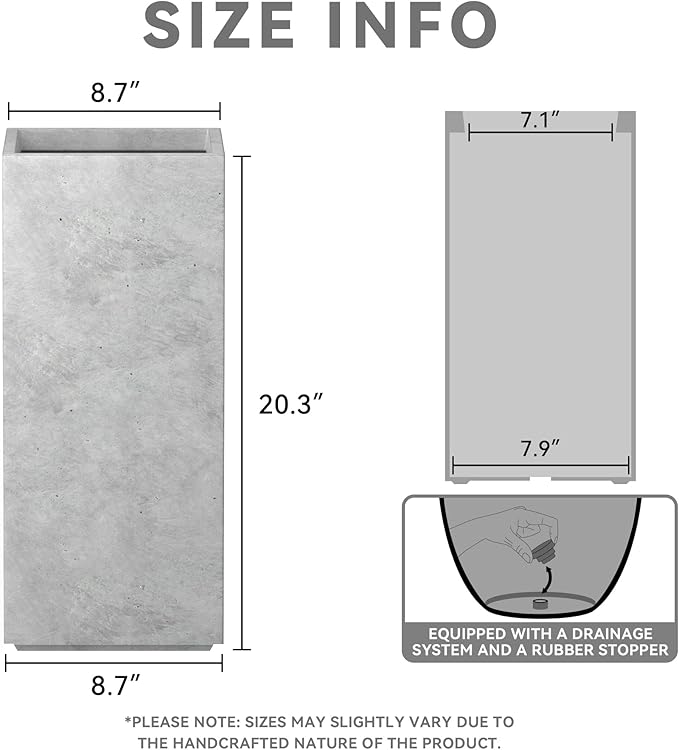 Kante 20.3" H Tall Rectangular Concrete Planter, Modern Square Diameter Plant Pot with Drainage Hole and Rubber Plug for Indoor Outdoor Home Patio Garden, Natural Concrete