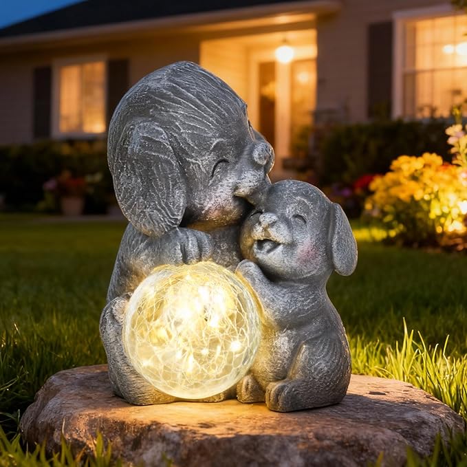 Komothala Solar Garden Statue Light, Outdoor Puppy Figurine with Solar Light for Patio, Lawn, Yard, Housewarming Birthday Gifts for Dad, Mom, Grandma,Women (Grey Dog)
