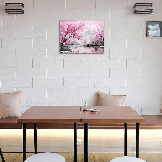 FUNHUA Flower Canvas Wall Art Pink Cherry Blossom Watercolor Picture Print Stretched And Framed For Modern Home Decor Ready To Hang 12"x16" Framed