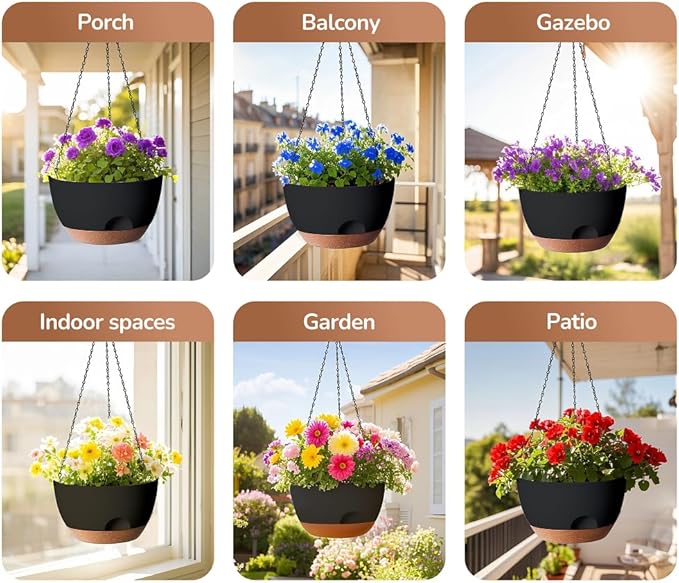 LESOASIS Set of 2-12 Inch Hanging Planter, Self-Watering Hanging Planters for Indoor Plants & Outdoor, Plant Hanger Indoor, Hanging Plant Pot with Drainage (Black)