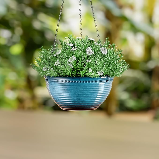 LESOASIS 10in Hanging Planters for Indoor and Outdoor Plants, 2 Pack Hanging Planter with Drainage Hole, Round Hanging Flower Pots for Garden Home Decor (Blue)