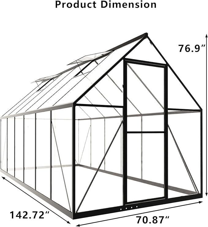 HOOYEAH Outdoor Polycarbonate Greenhouse, 6 x 12 FT Aluminum Frame Plant Green House with Locking Door & Roof Vent, Heavy Duty Winter Greenhouse for Backyard Gardening