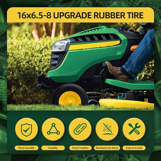 16x6.50-8 tire and wheel Flat Free Assemblies (2 Pack), Lawn Mower Tires with Rim, Solid Rubber Riding Lawn Mower Tires and Wheels,3" Offset Hub,3/4" Bushings,16x6.5-8 Tractor Turf Tire