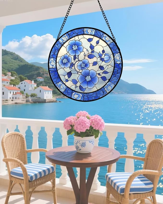 AMDERVEN Stained Glass Window Hanging, Blue and White Plum Blossom Sun Catcher for Door Home Decor Flowers Suncatcher Christmas Mother's Day Birthday Gifts for Women Men Mom and Nana 7.8 in