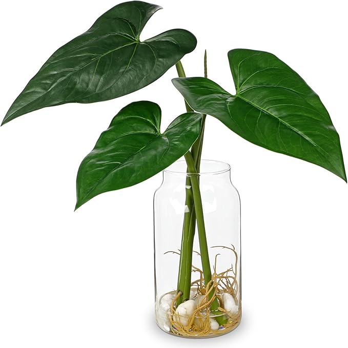 Oairse Artificial Tropical Plant in Glass Vase with Faux Water & Pebble - 16.5" Fake Plants in Vase Taro Leaves Stem Fake Palm Monstera Greenery for Home Indoor Centerpiece Farmhouse Decor