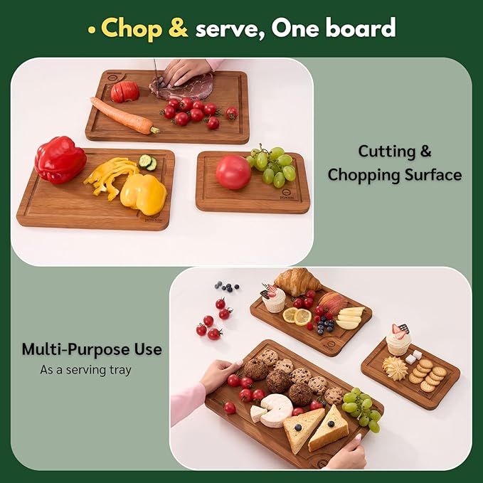 Define Aura Organic Bamboo Cutting Board Set of 3 – Wooden Kitchen Boards for Chopping, Meal Prep & Serving – Durable Charcuterie & Cheese Boards with Deep Juice Grooves and Side Handles