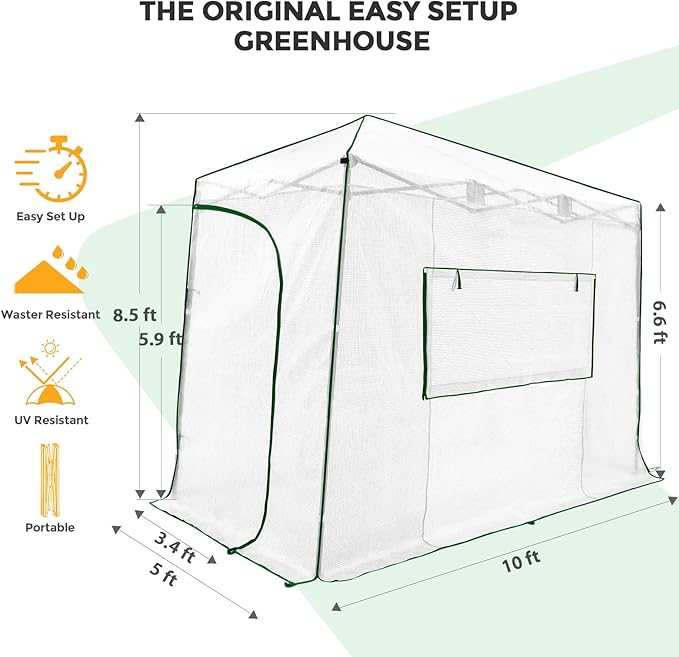 EAGLE PEAK Instant Pop-up Greenhouse, Indoor Outdoor Plant Gardening Green House, Roll-Up Zipper Doors and Side Windows, Lean-to 10x5 ft, PE Cover, White/Clear