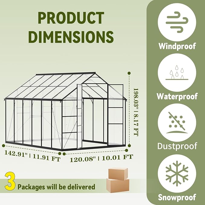 10X12 FT Greenhouse for Outdoors, Polycarbonate Walk-in Green House for Outside, Reinforced Aluminum Frame Greenhouses, Heavy Duty Garden, Patio, Backyard Flower Planting